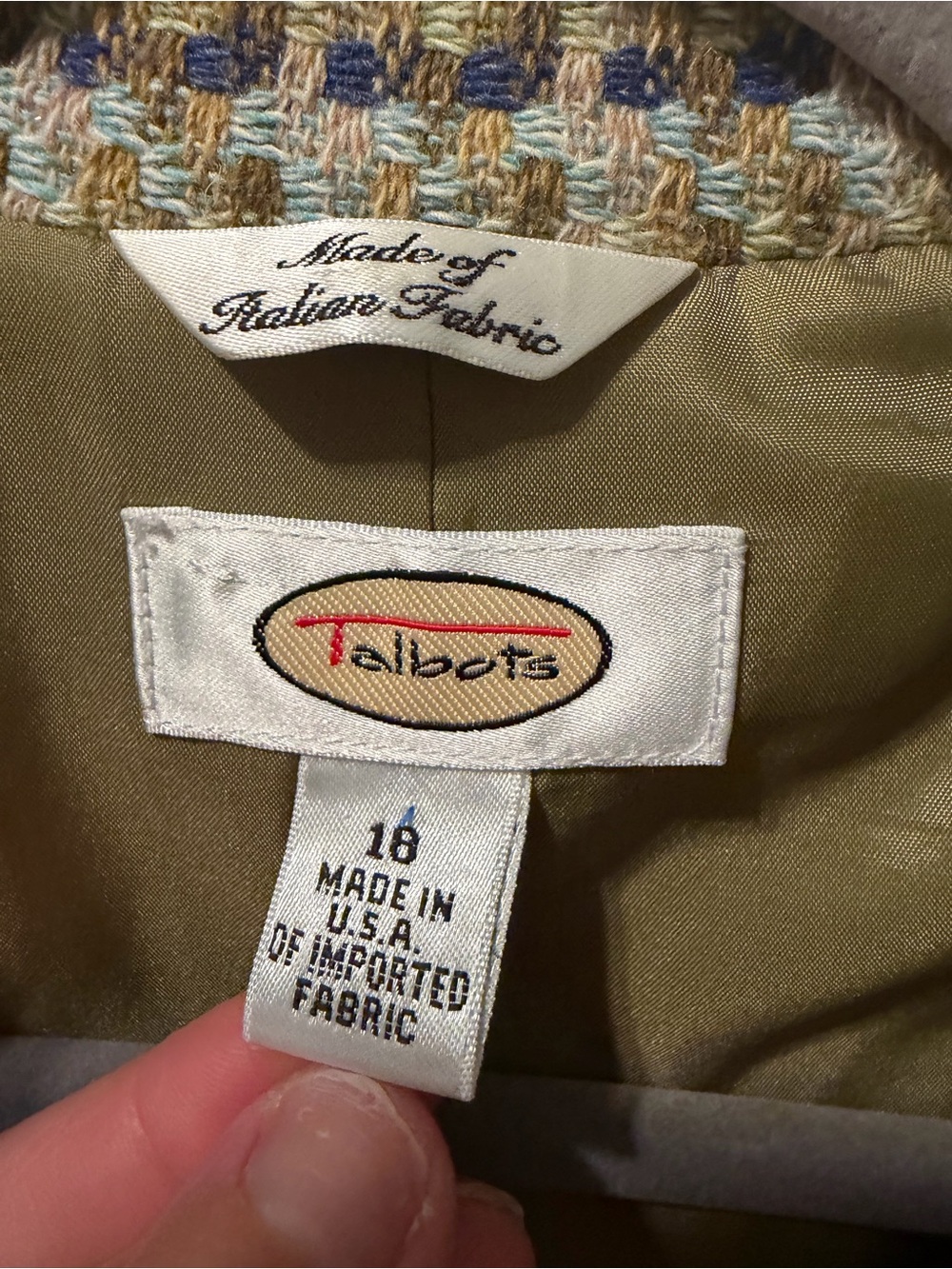 Vintage Talbots Wool Blend Olive Blue Italian Fabric Size 18 - Picture 6 of 8